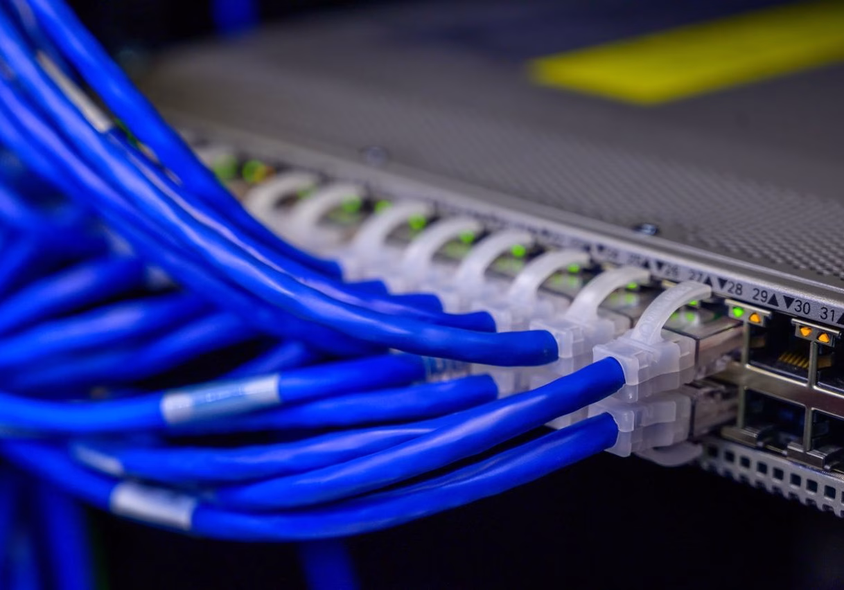 Detailed view of blue ethernet cables connected to a network switch in a data center.